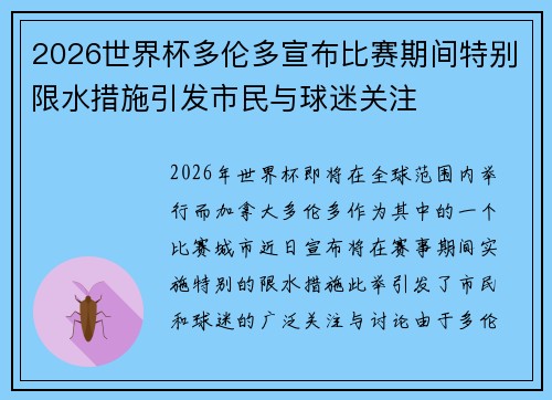 2026世界杯多伦多宣布比赛期间特别限水措施引发市民与球迷关注